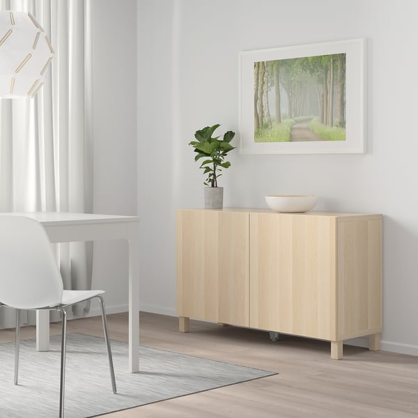 BESTÅ light sideboard with art print, bowl, plant. Medium size, storage.