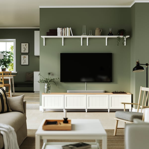 BESTÅ TV bench with doors, white/Pipmakare white, 240x42x50 cm
