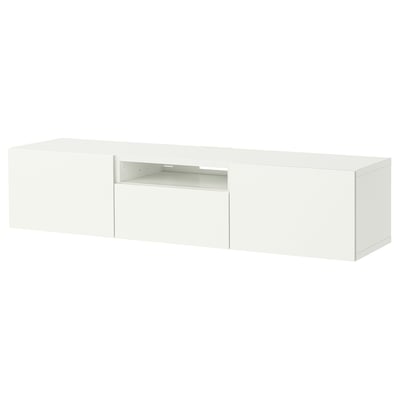 An ikea BESTÅ white tv bench with sleek modern design and storage compartments, ideal for organizing electronics and accessories.