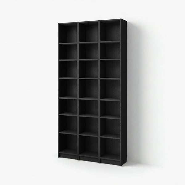 Black BILLY bookcase, tall, wooden, rectangular, multiple empty shelves, minimalist design.