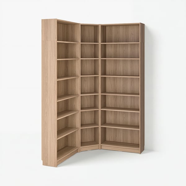 BILLY bookcase: light brown, wooden, l-shape, tall, empty shelves.