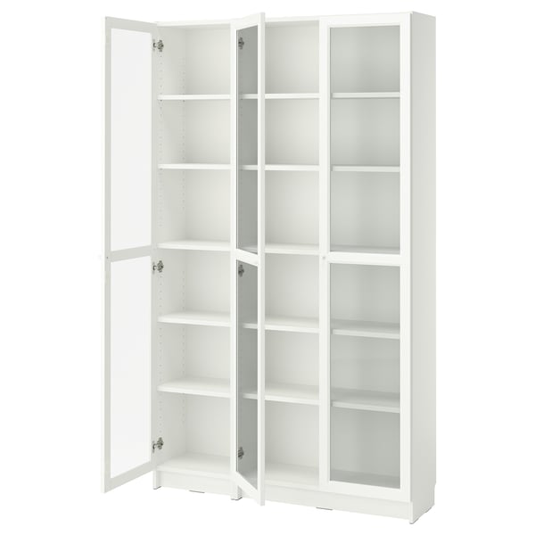 A white BILLY bookcase with glass doors. It adjustable shelves and a sleek design.