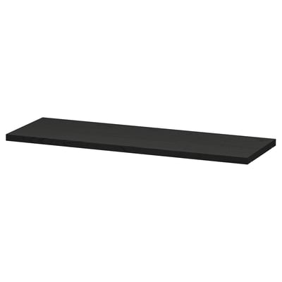 Black ikea BILLY shelf, rectangular, made of particleboard, paper foil, and plastic edging.