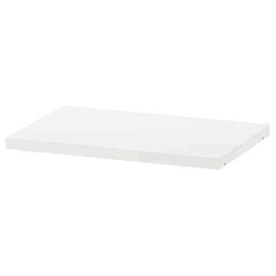 White rectangular shelf, flat surface, simple design, made of particleboard with plastic edging.