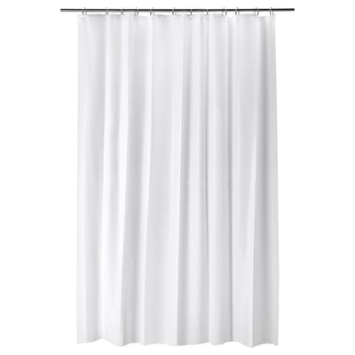 White shower curtain BJÄRSEN, plain design, rectangular shape, water-resistant peva material.