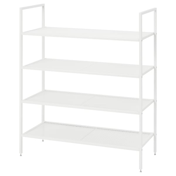 White BOJTEN 4-tier shoe rack, steel frame, space-efficient design.