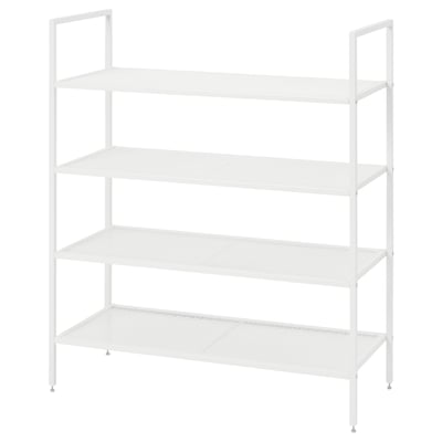 White BOJTEN 4-tier shoe rack, steel frame, space-efficient design.