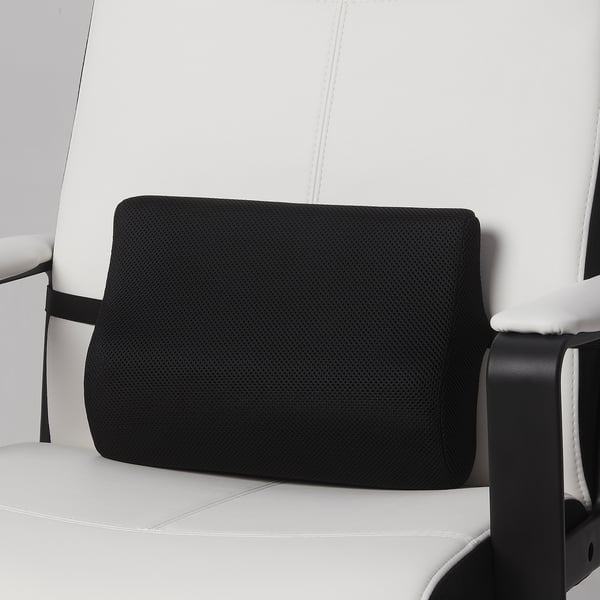 Black lumbar support pillow attached to white office chair, aiding back support and comfort.