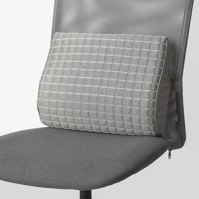 Grey lumbar support cushion with mesh side, zipped onto office chair, cooling gel side visible.