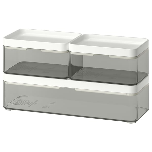 BROGRUND set: 3 stacked clear & grey plastic storage boxes; modern, rectangular design.