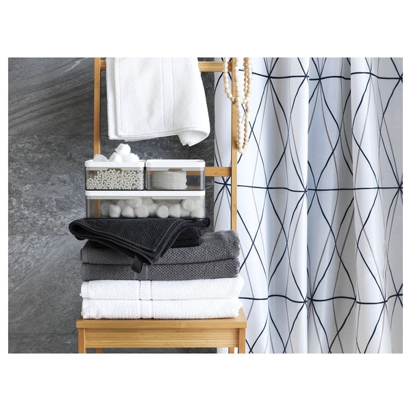 BROGRUND bathroom organiser: bamboo, white, rectangular, open shelves, towels, dome-shaped containers.
