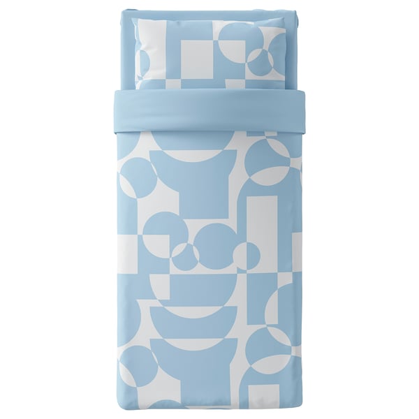 BRUKSVARA bedding set: blue & white geometric pattern, recycled polyester, rectangular shape, includes pillowcase, fitted sheet, duvet cover.