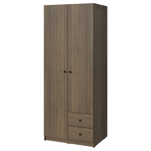 BRUKSVARA wardrobe - brown, tall, 2 doors, 2 drawers, black handles