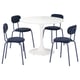 A modern white round table with four blue upholstered chairs, each featuring a steel frame.
