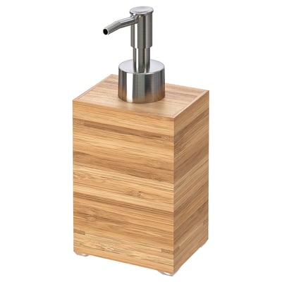DRAGAN soap dispenser, bamboo base, stainless pump, rectangular shape, natural wood design.