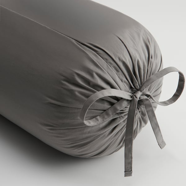 Grey rolled bolster pillow tied with ribbons, showcasing high-quality cotton fabric.