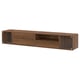 Brown wooden wall-mounted storage shelf with open compartments and drawers in a sleek, modern design.