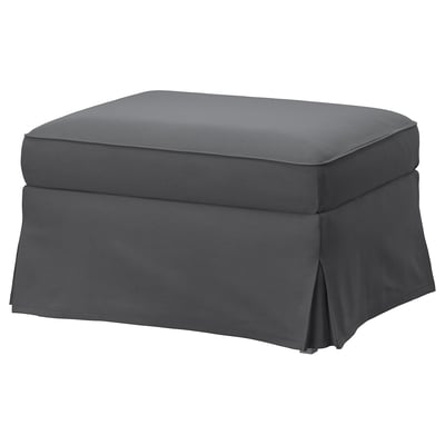 Grey EKTORP footstool with cushioned seat, storage, polyester fabric.