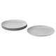 Four grey FÄRGKLAR plates; three stacked, one separate. Simple, round design with matte finish.