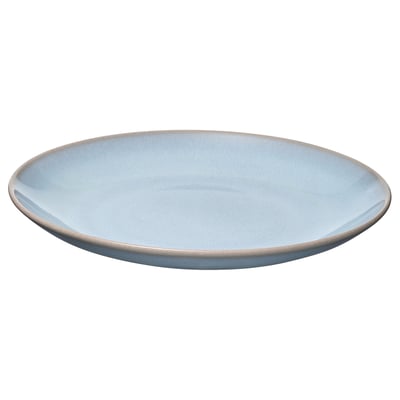 Blue stoneware plate with smooth, round edge; simple, modern design.
