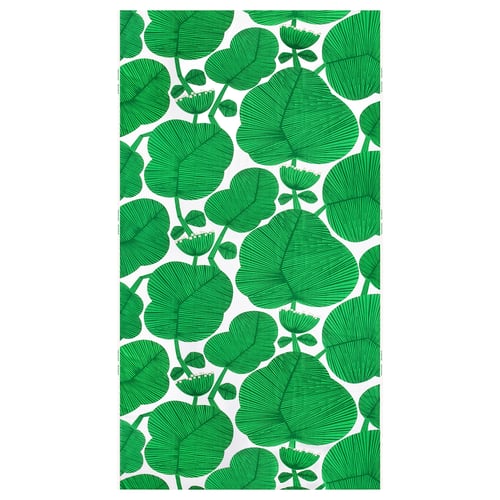 Green leafy fabric pattern. White background. Cotton material. Rectangular shape. Floral design.
