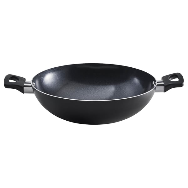 Black FRUKTKAKA kadai wok with two handles and non-stick ceramic coating.