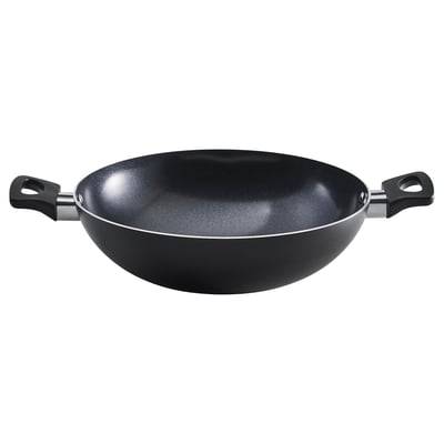 Black FRUKTKAKA kadai wok with two handles and non-stick ceramic coating.