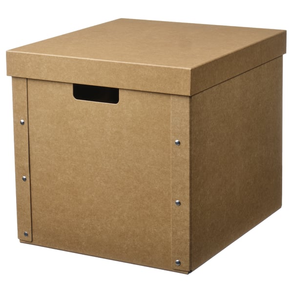 A brown GÄRDESGÅRD storage box. Made from recycled paper and paperboard, it a lid and handle. The box is square-shaped with a simple design.