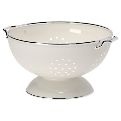GEMAK white enamel colander, chrome handles, round shape.