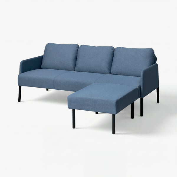 Modern blue l-shaped sofa, sleek legs, thick cushions.