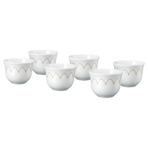 Six white GOKVÄLLÅ porcelain cups, gold geometric design, round shape, grouped together.