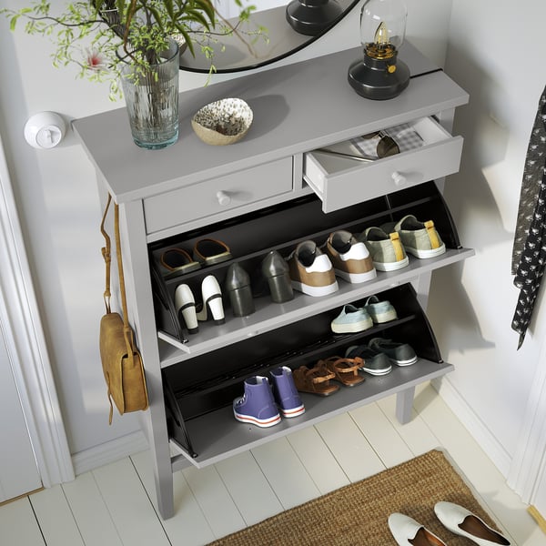 Grey GULLABERG shoe cabinet stores 14 pairs, 2 drawers, hooks, modern traditional design.