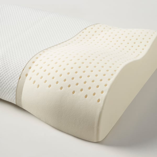 Ergonomic pillow with latex foam, breathable holes, for back and side sleepers.