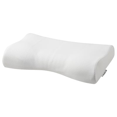 HAGTORNSFLY: white ergonomic pillow with recycled materials. Curved shape for comfort.