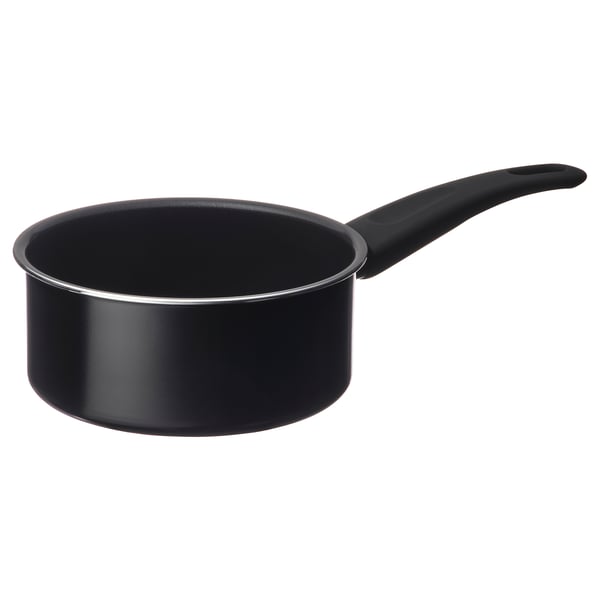 Black non-stick saucepan with single handle for easy cooking & cleaning.