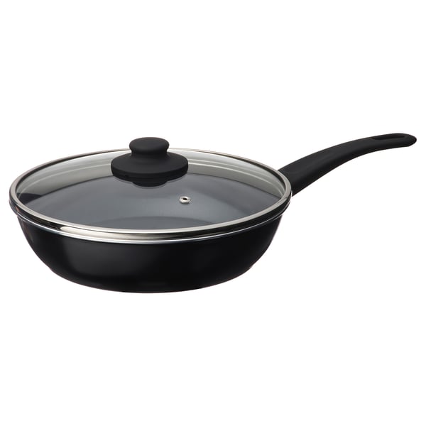 Black pans with glass lid & silicone handle for even heat.