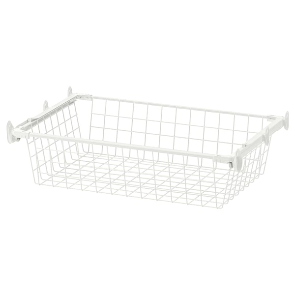 A white HJÄLPA wire basket with hooks for hanging. Its rectangular, made of steel with an epoxy coating, and designed for easy rolling.