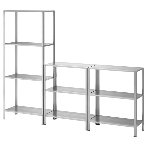 Two grey metal shelving units with multiple shelves.