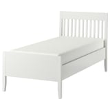A white IDANÄS bed frame. It vertical slats on the headboard and has a sturdy, clean design with adjustable bed sides.