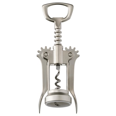 A silver-colored winged corkscrew with a bottle opener handle. Its made of nickel-plated metal and plastic inserts, designed for easy bottle opening.