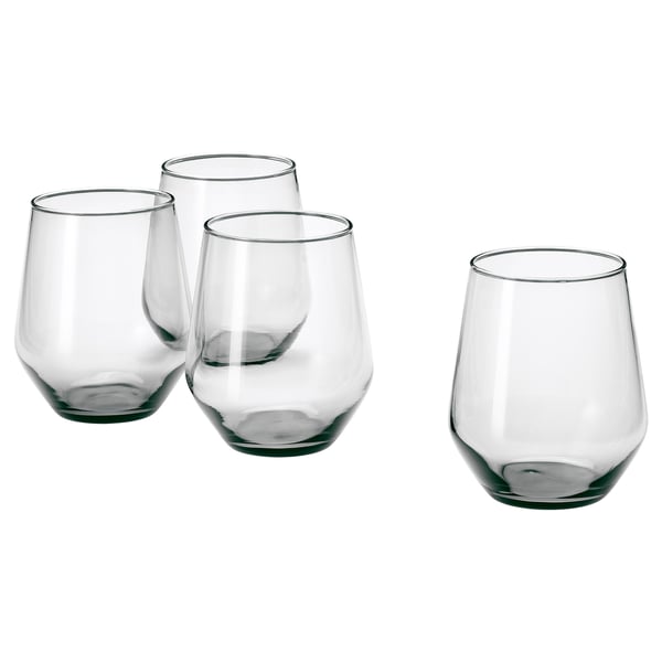 Four clear IVRIG glasses in a square formation with rounded bowls, made of durable glass.