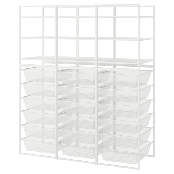 White JONAXEL storage system with metal mesh baskets for organising home items.