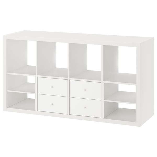 White KALLAX shelving unit with drawers and open compartments.