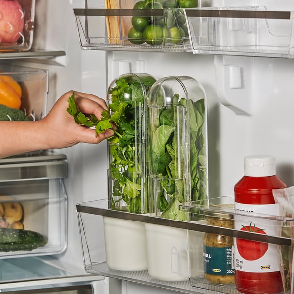 Adding herbs to KLIPPKAKTUS fridge keeper.