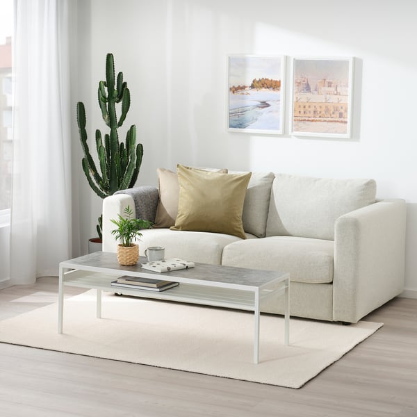 Living room with KNARDRUP rug, sofa, coffee table, and cactus.