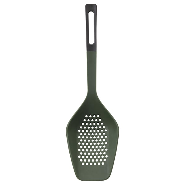 Green KNORRHANE kitchen utensil with holes, ergonomic handle, non-stick safe.