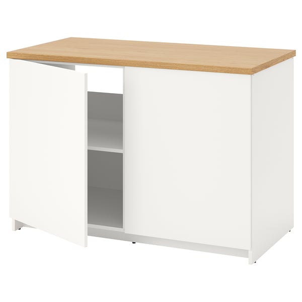 KNOXHULT white kitchen island, rectangular, wood top, metal frame, simple design.