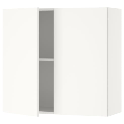 White KNOXHULT modular cabinet, wall-mounted, grey interior, two shelves.