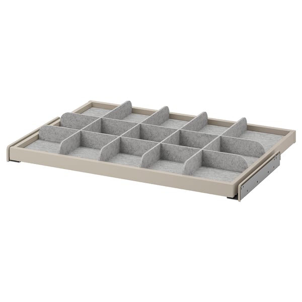 KOMPLEMENT grey organiser tray, beige edges, soft fabric dividers, 3x4 compartments for small items, smooth pull-out mechanism.