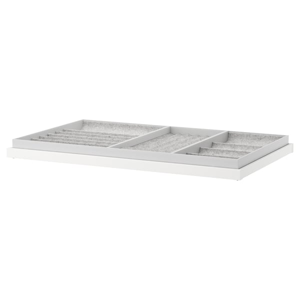 A white KOMPLEMENT organiser tray with felt lining for storing accessories.